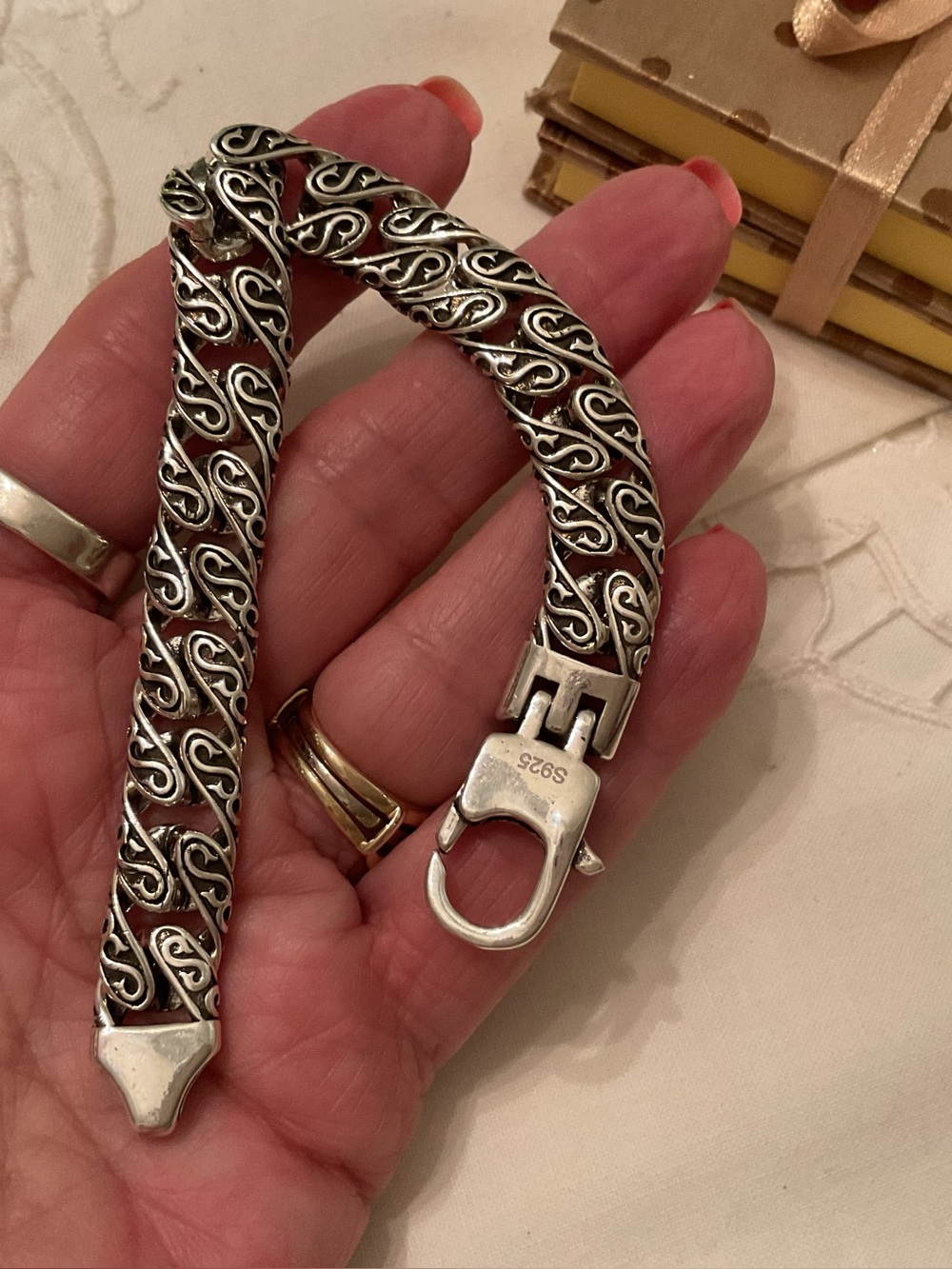 925 STERLING SILVER MENS TOTEM PATTERN BRACELET LOBSTER CLAW CLASP 7.87” 8.66” - Picture 13 of 16
